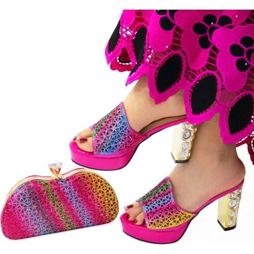 Doershow New Arrival African Wedding Shoes and Bag Set fuchsia Italian Shoes with Matching Bags Nigerian Women party HBA1-14