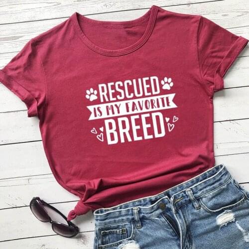 Rescued Is My favorite Breed Printed New Arrival Womens Summer Funny Casual 100%Cotton T-Shirt Dog Lover Gift Fur Mama Tee