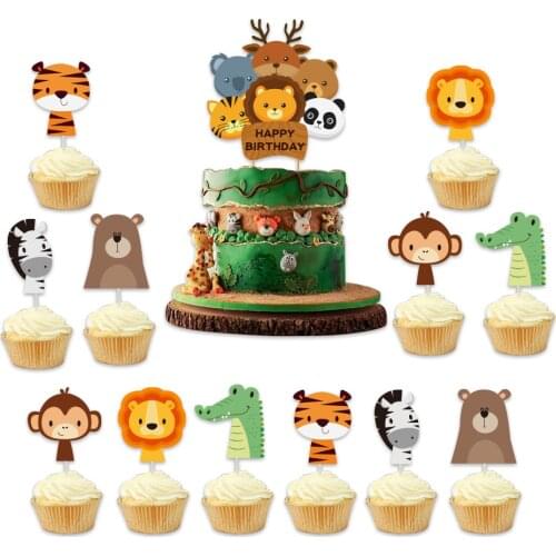 Woodland Birthday Cake Toppers Monkey Lion Theme Boy One Birthday Cupcake Decor Jungle Safari Animal Happy Birthday Party Decor