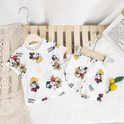 Summer Girls Baby Ice Silk Short Sleeve Pajamas Cartoon Disney Mickey Children Clothing Set Kids Casual Baby Boys Sleepwear Suit