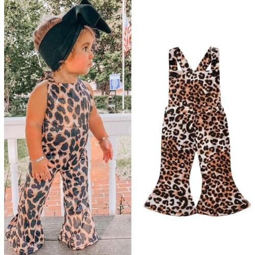 Summer Toddler Kids Baby Girl Clothes Leopard Print Sleeveless Romper Jumpsuit Playsuit Flare Long Pants Outfits 0-3T