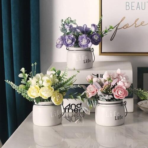 Mini Potted Artificial Flowers Potted Plant Home Tabletop Centerpiece Bonsai Bouquet Arrangement Wedding Party Decoration 2021