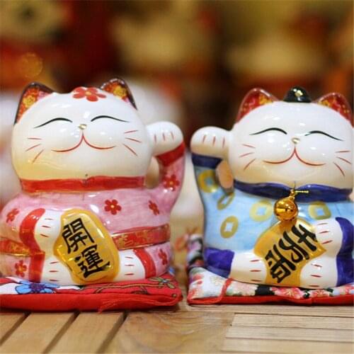 Set of 2pcs Couple Maneki Neko Ornament Ceramic Lucky Cat Home Decoration Gift Feng Shui Piggy Bank Statue (1 boy + 1 girl)