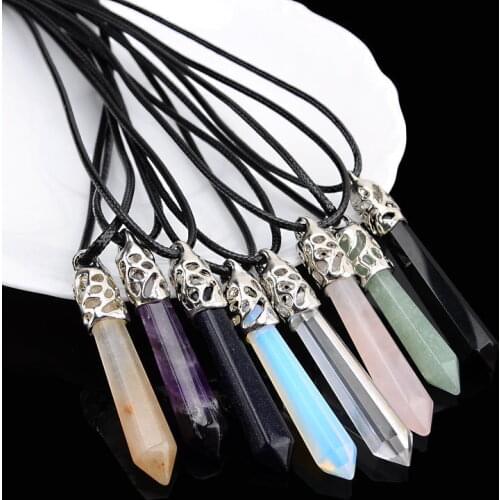Natural Glass Crystal Stone Hexagonal Prism Pendant Bullet Female Jewelry Sweater Long Necklace Pink Quartz Golden Metal Choker