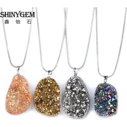ShinyGem 20-40mm Irregular Random Natural Crystal Druzy Necklace Mineral Geode Gem Stone Pendant Necklace For DIY Jewelry Making