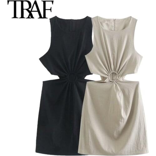 TRAF Women Fashion With Ring Hollow Out Linen Mini Dress Vintage Sleeveless Back Zipper Female Dresses Vestidos Mujer