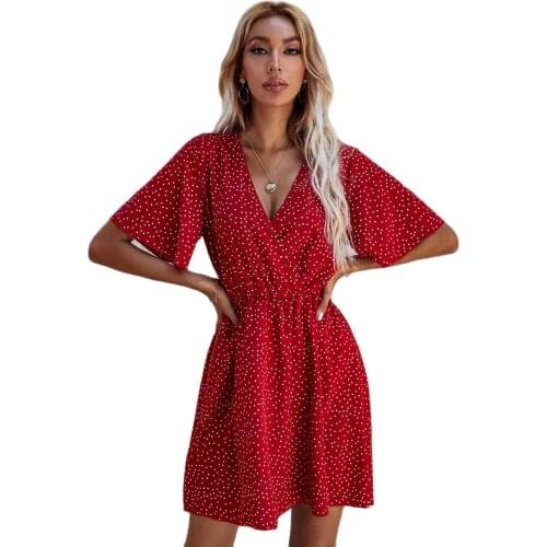 Women Polka Dot A-Line Dress Summer Shrinkage Design V-Neck Short Sleeve Elastic Mid Waist Print Slim Mini Dress For Streetwear
