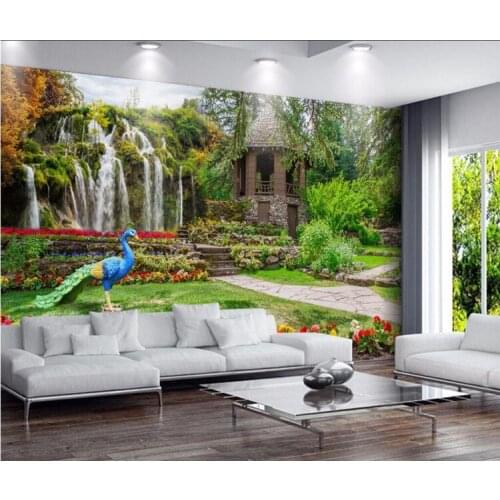 Custom Mural Wallpaper 3D Waterfalls Peacock Nature Scenery Wall Painting Living Room TV Sofa Bedroom Background Wall Home Decor