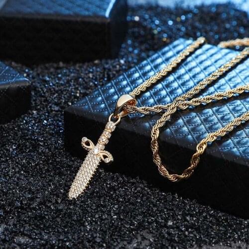 S925 Sterling Silver Prong Setting AAA CZ Stone Bling Ice Out Poniard Sword Dagger Pendants Necklaces Men Hip Hop Rapper Jewelry