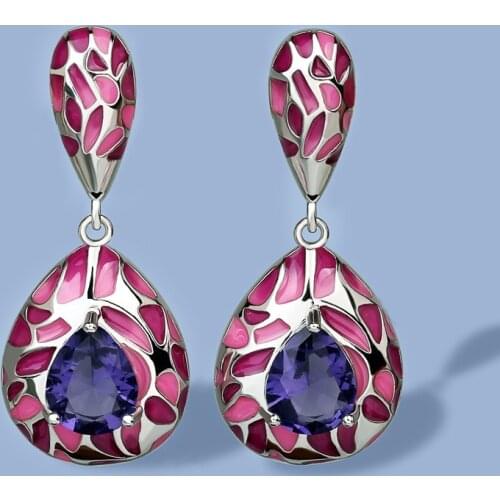 Silver Earrings for Women Genuine 925 Sterling Silver Purple Stone Shiny Blue CZ Fine Jewelry Handmade Enamel Exquisite Earrings