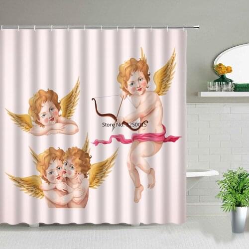 Angels in Heaven Shower Curtain Set Polyester Fabric Machine Washable Printed Background Wall Curtains for Bathroom Home Decor