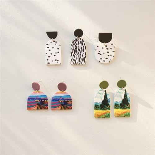 AOMU 2021 New Colorful Acrylic Black Spot Landscape Oil Painting Geometric Round Semicircle Drop Earrings for Women Jewelry Gift
