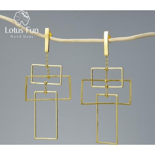 Lotus Fun Real 925 Sterling Silver Fine Jewelry Fashion Elements 18K Gold Geometic Rectangular Design Dangle Earrings for Women