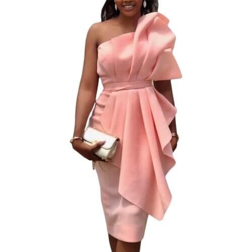 Afrian Clothes Sexy Ruffles Pink Bodycon Dress Women 2019 Summer Off Shoulder Backless Bandage Pencil Dress Evening Runway Party