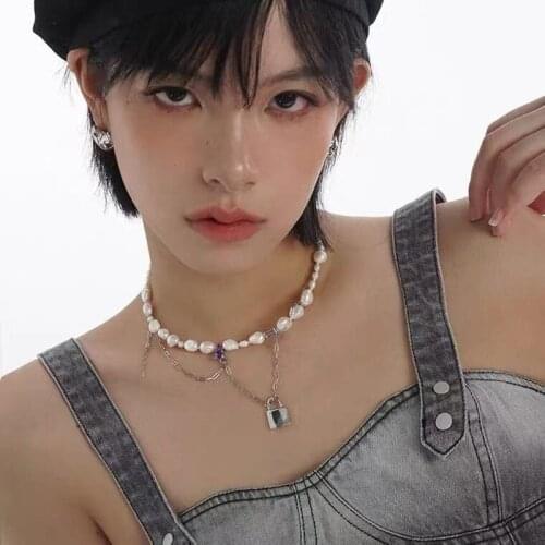 Korean Elegant Natural Freshwater Pearl Necklace For Women 2021 Gift Fashion Sweet Cool Girl Purple Zircon Lock Pendant Clavicle