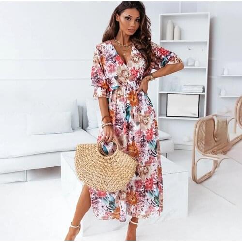 Summer Women Dress 2021 New Fashion V-neck Floral Beach Dresses Casual Puff Sleeve Office Maxi Dress For Women Robe Femme