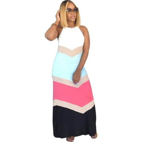 S-XXXL Womens Sleeveless Halter Neck T stripe Print Maxi Dress