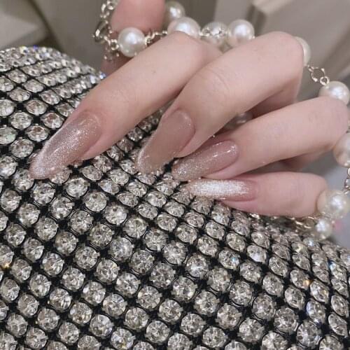 24pcs/Set Tea Color Long Crystal Stone Cat Eye Fake Nails Full Cover Fake Nails Glue DIY Manicure Nail Art Tools