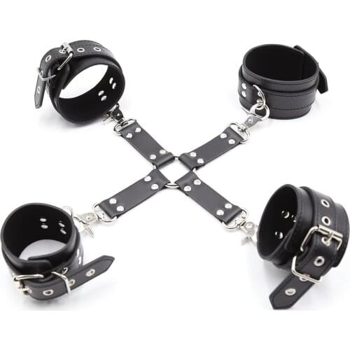 4 Point Backhand Tied Leather Cross Bondage Handcuffs and Ankle Cuffs Set Sex Slave Adult Couple Flirting Sex Restraints Game