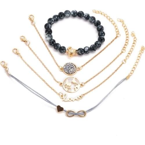 5PCS Natural Stone Link Chain Bead Bracelet Set Heart Handmade Boho Resin Adjustable Rope Bracelet for Unisex