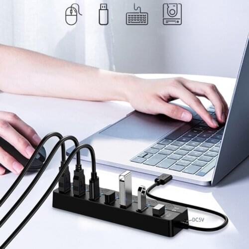 F19E 7-port USB 3.0 Hub with Current Protection, Multi USB Port Expander, Fast Data Transfer USB Splitter for Windows PC