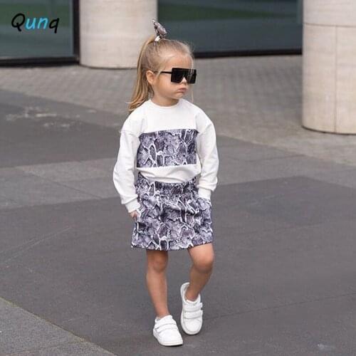 Qunq Girls Skirt Set Sweatshirt Hair Rope 3pcs Children Suits for Girl 2021 New Spring Fall Fashion Serpentine Kids Clothes