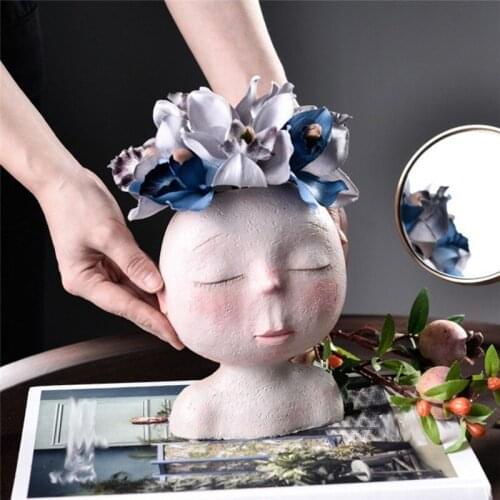 Home Decor Creative Resin Baby Head Vase Art Nordic Flower Arrangement Doll Sculpture Flower Pot Potted Plant Garden Decor