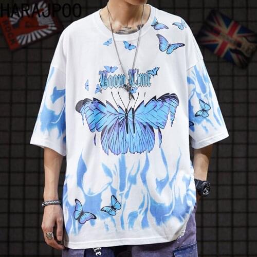 Harajpoo Women T Shirts Tide Hip Hop Butterfly Splash Ink Print Couple Harajuku Style Oversize Loose Short Sleeve Bf Casual Tops