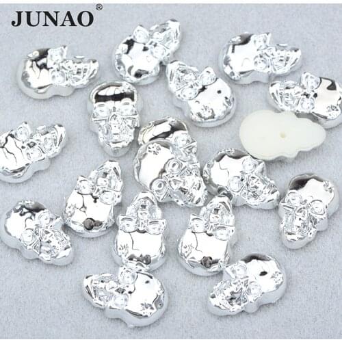 JUNAO 10*15mm Silver Skull Rhinestone Applique Flatback Fancy Crystal Stones Stickers Glue On Strass Beads for Clothes Crafts
