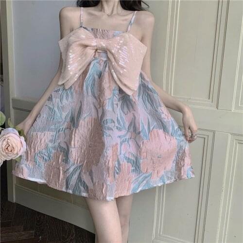 Sweet Soft Girl Lolita Dress Japan Summer Bow Designer Princess Strap Dress Womens Clothing Vintage Casual Elegant Floral Dress