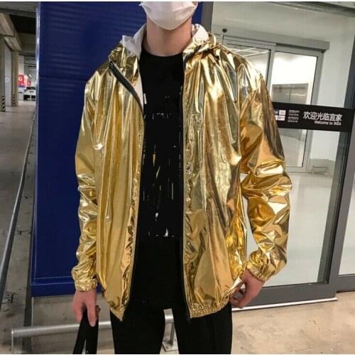 Mens Glitter Top Coat Outwear Hooded Costume Metallic Shiny Jacket Comfortable Fashion Simplicity Casual Atmospheric