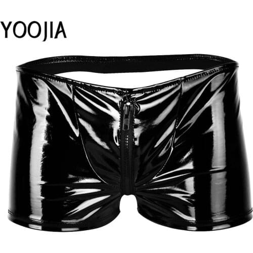 Mens Lingerie Shiny Metallic Patent Leather Boxer Briefs Zipper Bulge Pouch Open Butt low Rise underwear Panties