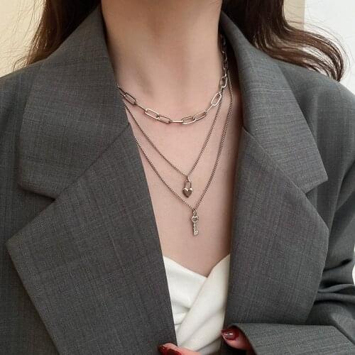 Origin Summer Statement Multi-layer Rhinestone Arrow Love Heart Pendant Necklace for Women Vintage Lock Necklace Jewelry