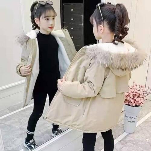 Autumn Winter Fur Collar Warm Coat For 3T 4 6 8 10 12 Yrs Hooded Baby Girl Outerwear Cute Solid Color Teenage Girls Clothing