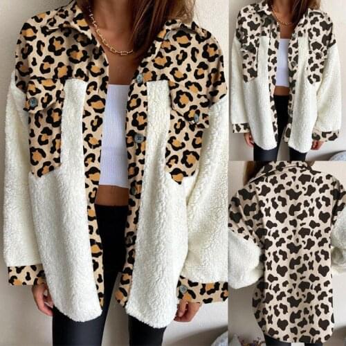 Coat Women Leopard Caedigan Autumn Winter Fashion Casual Loose Patchwork Turn-down Collar Warm Outwear Mujer De Moda Coats