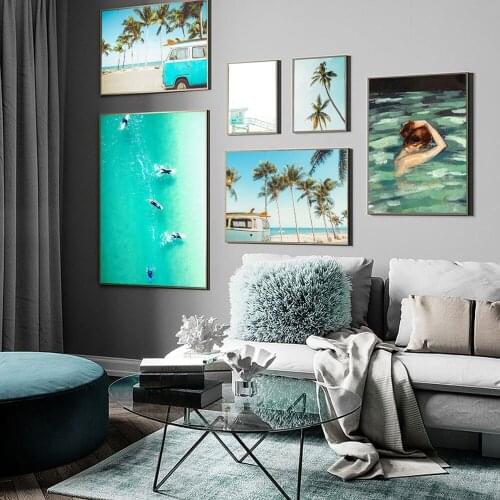 Ocean Landscape Canvas Posters Nordic Style Beach Green Bus Wall Art Prints Painting Decoration Pictures Scandinavian Home Decor