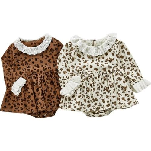 Bmnmsl Baby Girls Casual Romper Dress Floral Printed Pattern Ruffled Hem Collar Long Flare Sleeve Bodysuit