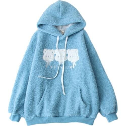 Harakuju Cartoon Bear Embroidery Casual Hoodies Sweatshirt Women 2020 Winter Long Sleeve Sweet Style Plus Velvet Warm Fleece Top