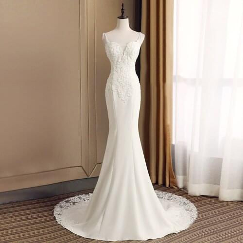 Custom Made Satin Mermaid Wedding Dresses Vestido De Novia Sirena Shoulder Straps Lace Up Appliques Beading Trumpet Bride Gowns