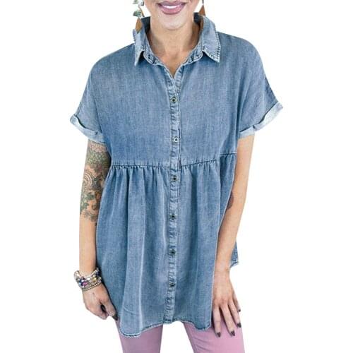 Women Patchwork Ruffle Denim Shirts Button Short Sleeve Solid Color Summer Turn-down Collar Blue Jean Blouse blusas mujer D30