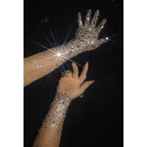 Women Sparkling Crystal Mesh Perspective Long Gloves Fashion Stretch Rhinestone Gloves Nightclub Dancer Singer Stage wear