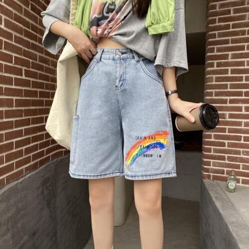 Women Denim Shorts Rainbow Print Adjust High Waist Shorts Harajuku Casual Straight Legs 2021 New Summer Cotton Jean Shorts