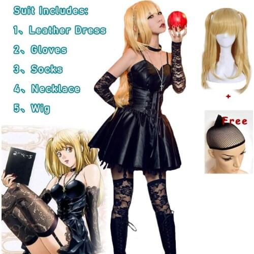 Lacauch Anime Misa Amane Sweater Death Note Black Leather Dress Wig Gloves Sock Necklace Men Women Cosplay Costume Sexy Bar Set