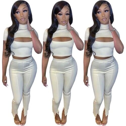 European and American womens fashion solid color ripped trousers split sexy 2-piece suit women