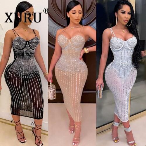 XURU Sling Dress Womens Hot Rhinestone See-through Slim One-piece Sexy Nightclub Party Dress