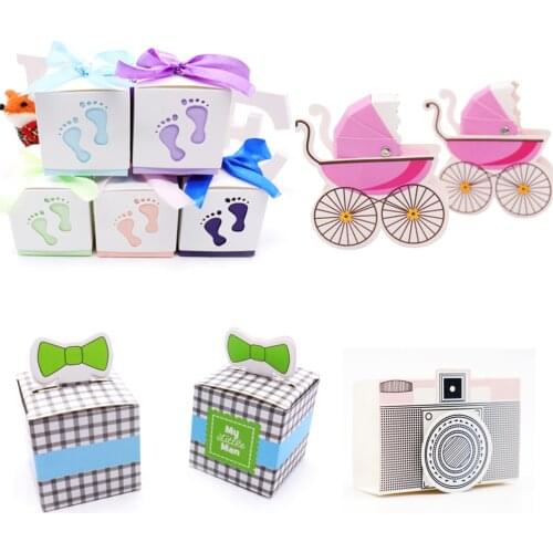 10pcs Baby Shower Decoration Baby Footprint Candy Box Kids Birthday Boy girl Party Favor Pink/Blue Laser cut Stroller Gift Box