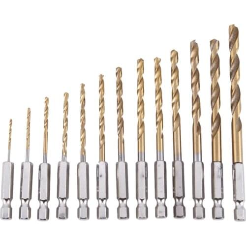 13Pc HSS Titanium Coated Drill Bit Set With 1/4inch Hex Shank