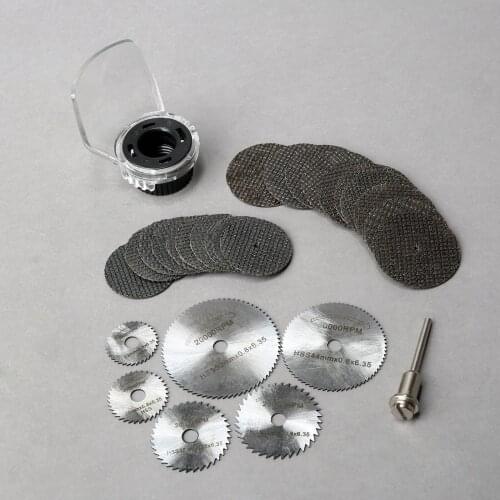 20Pcs 32&38mm Resin Abrasive Discs+7Pcs High Speed Steel Saw Blade with 1/8" Shank Mandrel+Protective Cover for Electric Grinder