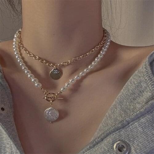 2021 2pcs/SET Korea Sweet Pearl Wafer Pendant Simple Personality Metal Gold Geometic Necklace for Women Jewelry