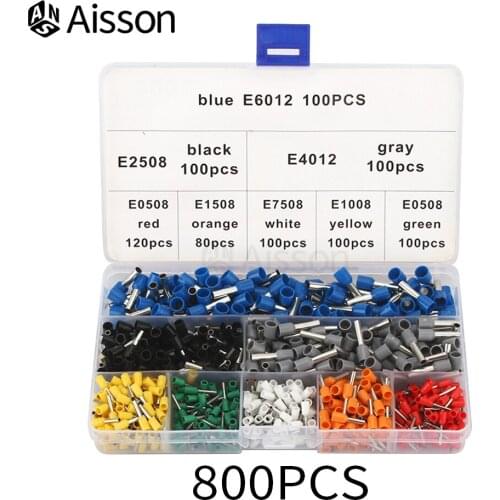 800PCS AWG 22-10 Tubular Terminal Wire Copper Crimp Connector Box-Packed E0508 E1008 E1508 E2508 E4012 E7508